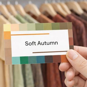 以下が含まれることがあります： 「Soft Autumn」と書かれたカラーパレットカードが、洋服ラックの前に手に持たれています。カードには、緑、茶色、ベージュなど、さまざまな落ち着いた色が表示されています。ラックの服も同様の色合いで、季節のテーマを示唆しています。