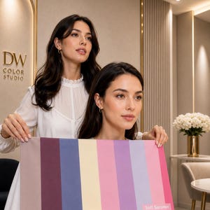 以下が含まれることがあります： トープ、ダークプラム、スレートブルー、ペールイエロー、ソフトピンク、ラベンダー、ライトライラック、ブライトピンクの縦縞模様が特徴の長方形のカラーパレット見本で、右下にSoft Summerという文字が印刷されています。