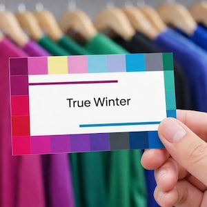 May include: A hand holds a color palette card labeled "True Winter" in front of a rack of colorful long-sleeved shirts. The card displays a range of cool-toned colors, and the shirts are in shades of pink, green, blue, and black.