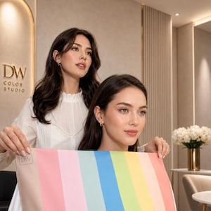 May include: A rectangular fabric color swatch featuring vertical stripes in beige, light pink, light blue, bright blue, light green, yellow, and peach. The top left corner displays a small square logo with the letters DW printed in black.