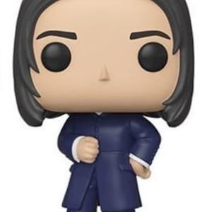 May include: A vinyl figure of a character with black hair, wearing a dark blue coat and pants. The figure has large black eyes and a neutral expression. The figure is standing upright.