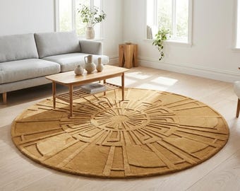 3D Sunburst Mustard Round Rug | Art Deco Gold Hand-Tufted Sculpted Carpet | Modern Luxury Ochre Radial Textured Area Rug | Josh And Sons