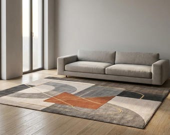 Tapis abstrait moderne Bauhaus Mid-Century | Sculpté en 3D orange rouille et gris anthracite tufté à la main | Carpette d'art géométrique contemporain