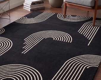 Carpette Arches minimaliste moderne | Sculpté en 3D noir et crème, tufté à la main | Tapis art linéaire Mid-Century en laine | Josh et ses fils