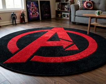 Avengers Logo Round Rug | Hand-Tufted Wool Blend, Red Black Superhero Decor