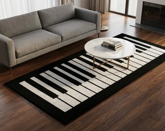 Carpette Piano Keys | Moquette noire et blanche tuftée à la main pour claviers musicaux | Décoration de studio de musique moderne | Cadeau unique pour musicien | Josh et ses fils