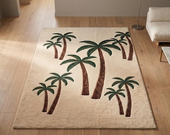Tapis tropical 3D palmiers | Tapis botanique vert et beige touffeté à la main | Tapis en laine sculptée Coastal Summer Vibe | Josh et ses fils