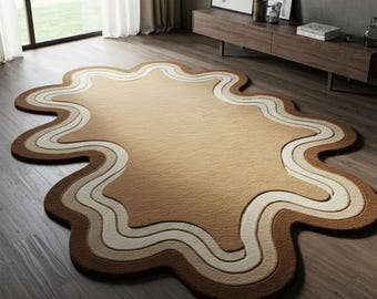 Tapis ondulé en laine tufté à la main - Motif gribouillis rétro des années 70