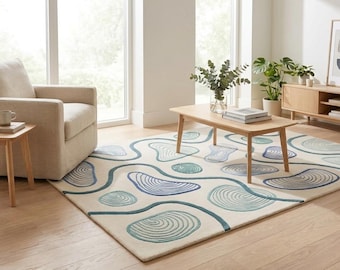 Tapis bleu sarcelle ondulé abstrait 3D | sculpté de galets côtiers tufté à la main | Carpette de salon zen moderne | Josh et ses fils