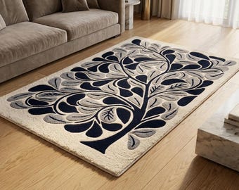 Tapis botanique 3D Arbre de vie | à fleurs bleu marine et gris tufté à la main | Carpette crème traditionnelle moderne | Josh et ses fils
