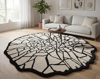 Tapis abstrait fait main | géométrique noir et ivoire | Coin salon