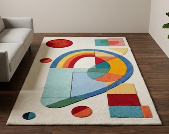 Tapis 3D géométrique abstrait Bauhaus | Tapis artistique touffeté main arc-en-ciel vibrant | Tapis moderne vintage sculpté multicolore
