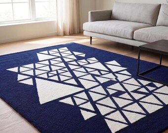 Carpette triangle géométrique moderne | bleu marine et blanc audacieux touffeté à la main | Tapis en laine minimaliste mosaïque abstraite | Josh et ses fils