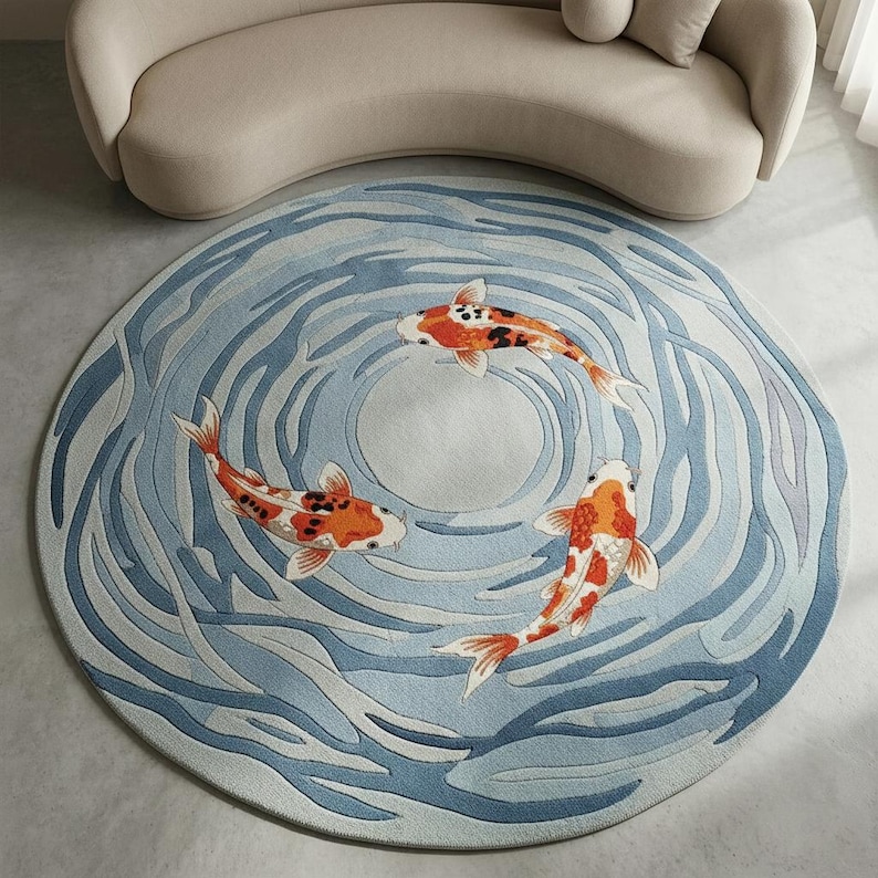 May include: A round rug featuring a koi pond design. The rug has a light blue background with darker blue wave patterns. Three orange and white koi fish are swimming in the pond. The rug is placed on a light-colored floor.
