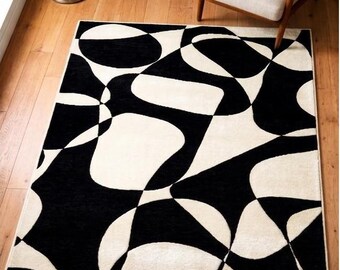 Tapis noir et blanc abstrait moderne | géométrique organique touffeté à la main | Tapis de salon artistique Mid-Century | Josh et ses fils