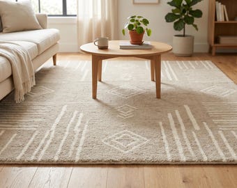 Carpette beige géométrique minimaliste | en laine neutre scandinave-bohème tufté à la main | Tapis de salon moderne tribal diamants | Josh et ses fils