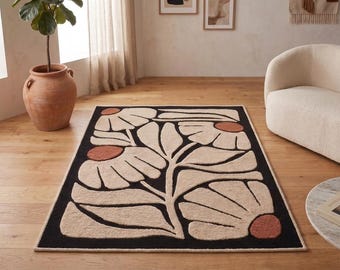 Tapis floral abstrait moderne | Tapis botanique noir et terre cuite tufté à la main | Tapis fleuri organique sculpté en 3D | Josh et ses fils