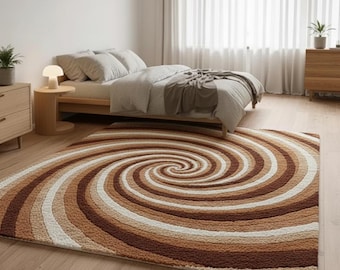 Tapis fait main en spirale | Tapis tourbillonnant beige marron, décoration d'intérieur moderne