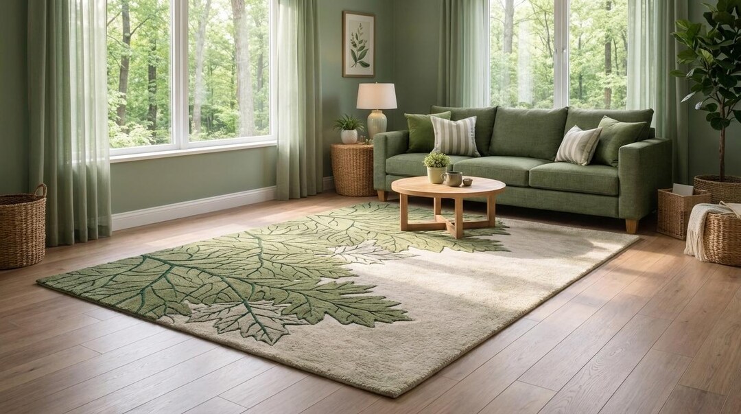 3D Botanical Leaf Forest Green Area Rug | Hand-tufted Sculpted Moss ...