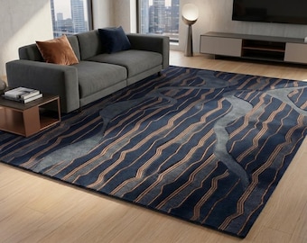 Tapis abstrait de luxe bleu marine et cuivre | Tapis tufté main sculpté 3D linéaire moderne | Tapis de salon à vagues organiques gris ardoise | Josh et ses fils