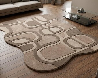Tapis taupe irrégulier sculpté 3D | de forme libre géométrique abstraite touffetée à la main | Tapis texturé beige neutre moderne | Josh et ses fils