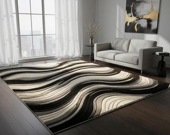 vague fait main noir et blanc | Tapis de salon moderne