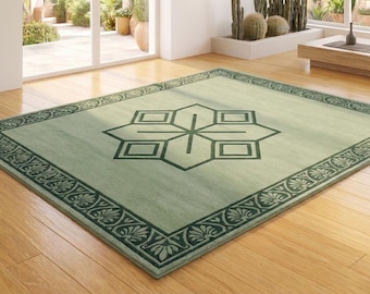 Tapis carré vert sauge sculpté en 3D | Moquette géométrique à médaillons tuftée à la main | Carré minimaliste à bordure vert émeraude | Josh et ses fils