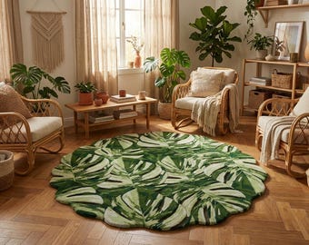 Round Monstera Leaf Rug – Variegated Tropical Wool Carpet, Scalloped Botanical Floor Mat