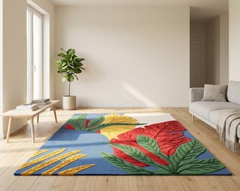 Tapis botanique 3D à feuilles tropicales | bleu vif tufté main, rouge et jaune | Tapis en laine sculptée maximaliste moderne | Josh et ses fils