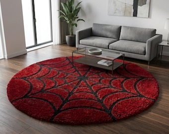 rond en toile d'araignée | Décoration de chambre de fan de super-héros rouge et noir inspirée de Spidey | Tapis à poils longs sculpté 3D tufté à la main