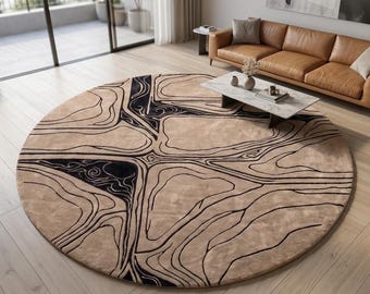 Tapis organique abstrait rond moderne | Sculpté en 3D beige et anthracite tufté à la main | Carpette contemporaine cercle topographique | Josh et ses fils
