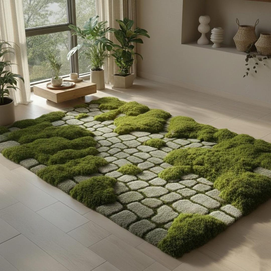 Stone Path Rug Handmade Moss Stone Path Rug | Zen Garden Area Carpet - Etsy