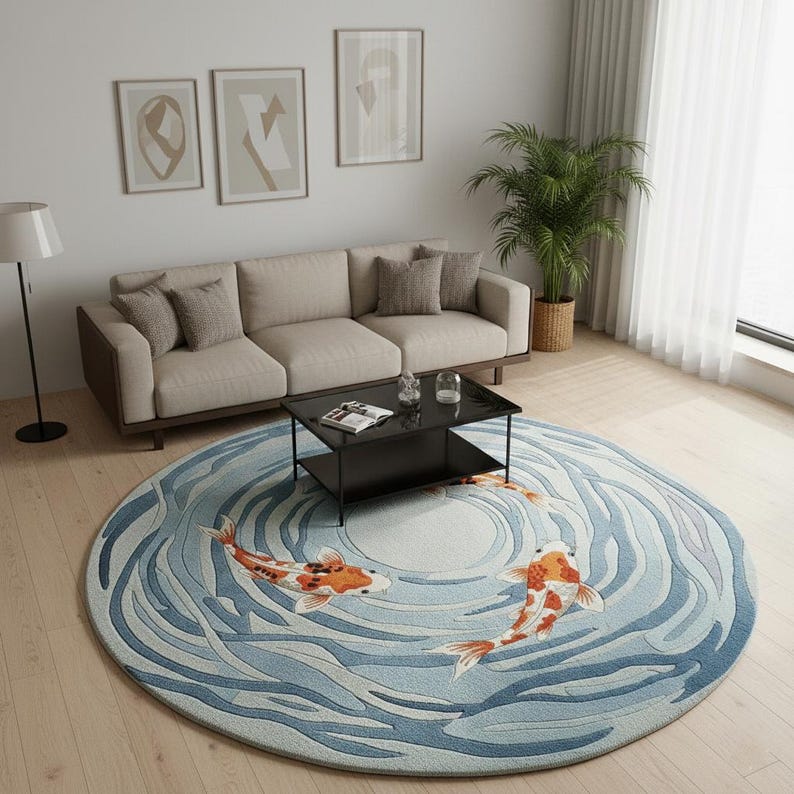 May include: A round area rug with a koi fish design. The rug features a light blue and white water pattern with two orange and white koi fish swimming in opposite directions. The rug is placed in a living room setting.
