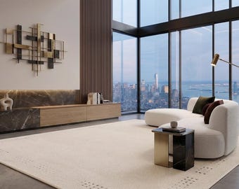 Carpette crème minimaliste de luxe | en laine blanc cassé effet vieilli tufté à la main | Tapis de salon moderne et luxueux | Josh et ses fils