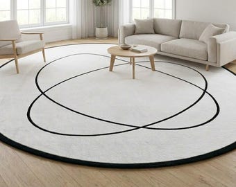 rond minimaliste zen | Moquette blanc cassé et noire tuftée à la main entrelacée | Carpette circulaire scandinave moderne | Josh et ses fils