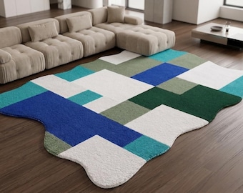Tapis géométrique abstrait bleu et vert vif | Moquette à blocs de couleurs irréguliers tufté à la main | Carpette artistique moderne de forme libre | Josh et ses fils
