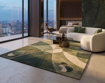 géométrique 3D abstrait vert forêt | moderne sauge et olive touffeté à la main | Carpette sculptée de luxe à plusieurs niveaux | Josh et ses fils