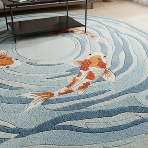 May include: Round area rug featuring a koi fish design. The rug has a light blue background with darker blue wave patterns. The koi fish are orange, white, and black. The rug is a decorative floor covering.