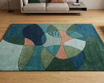 Tapis circulaire abstrait 3D qui se chevauche | Tapis tufté main bleu sarcelle et vert émeraude | Carpette moderne sculptée organique à plusieurs niveaux | Josh et ses fils