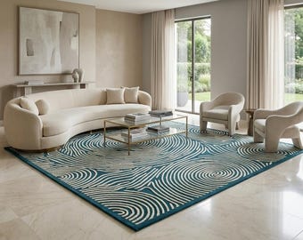Carpette bleu sarcelle 3D ondulation tourbillonnante | Sculpté topographique océan touffeté à la main | Tapis de salon côtier artistique moderne | Josh et ses fils