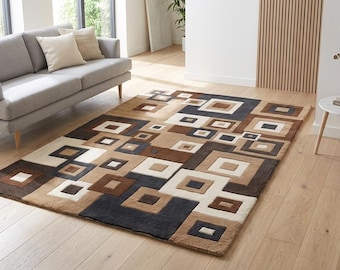 Tapis marron moderne Mid-Century en mosaïque | Carré emboîtable géométrique tufté à la main | Tapis texturé 3D ocre moka et havane | Josh et ses fils