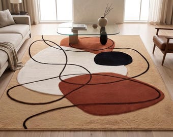 Tapis abstrait moderne Mid-Century | Sculpté 3D beige et terre cuite tufté à la main | de salon minimaliste | Josh et ses fils