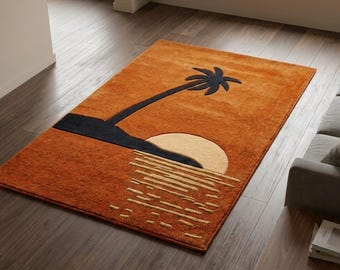 Tapis 3D palmier tropical coucher de soleil | de couleur orange brûlé touffeté à la main | Décoration rétro de plage côtière | Tapis artistique en laine sculpté 3D |