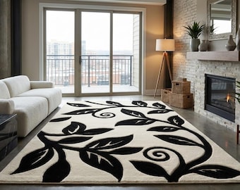 Tapis noir et blanc à feuilles botaniques sculptées en 3D | monochrome moderne tufté à la main | Tapis sculpté minimaliste en vigne biologique