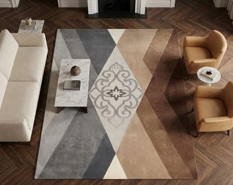 Tapis transitionnel moderne à médaillons | géométriques gris et brun moka sculptés en 3D | Carpette artistique en filigrane touffetée à la main | Josh et ses fils