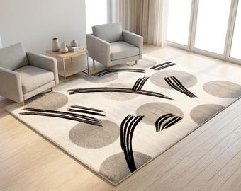 Tapis abstrait zen minimaliste | Tapis touffeté à la main noir Brushstroke & Grey Circle | Sculpté en 3D de style Japandi moderne | Josh et ses fils