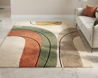 Tapis abstrait moderne Mid-Century en arches | Sculpté touffeté à la main en terre cuite et vert sauge | Tapis géométrique organique 3D | Josh et ses fils
