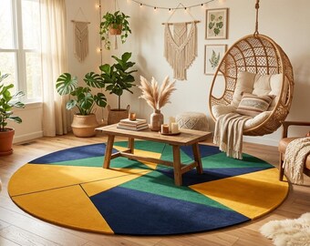 Round Wool Blend Rug – Navy, Green, Mustard Color Block Pinwheel Mat