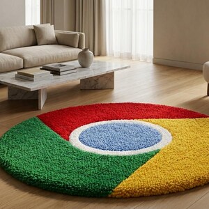 Könnte beinhalten: Ein runder getufteter Teppich mit einem mehrfarbigen Design, bestehend aus einem blauen Mittelkreis, einem weißen Ring und drei weiteren Segmenten in den Farben Rot, Gelb und Grün, die an das Logo eines Webbrowsers erinnern.