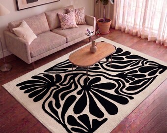 Carpette botanique abstraite moderne | Sculpté 3D noir et crème, tufté à la main | de salon minimaliste à fleurs bio |